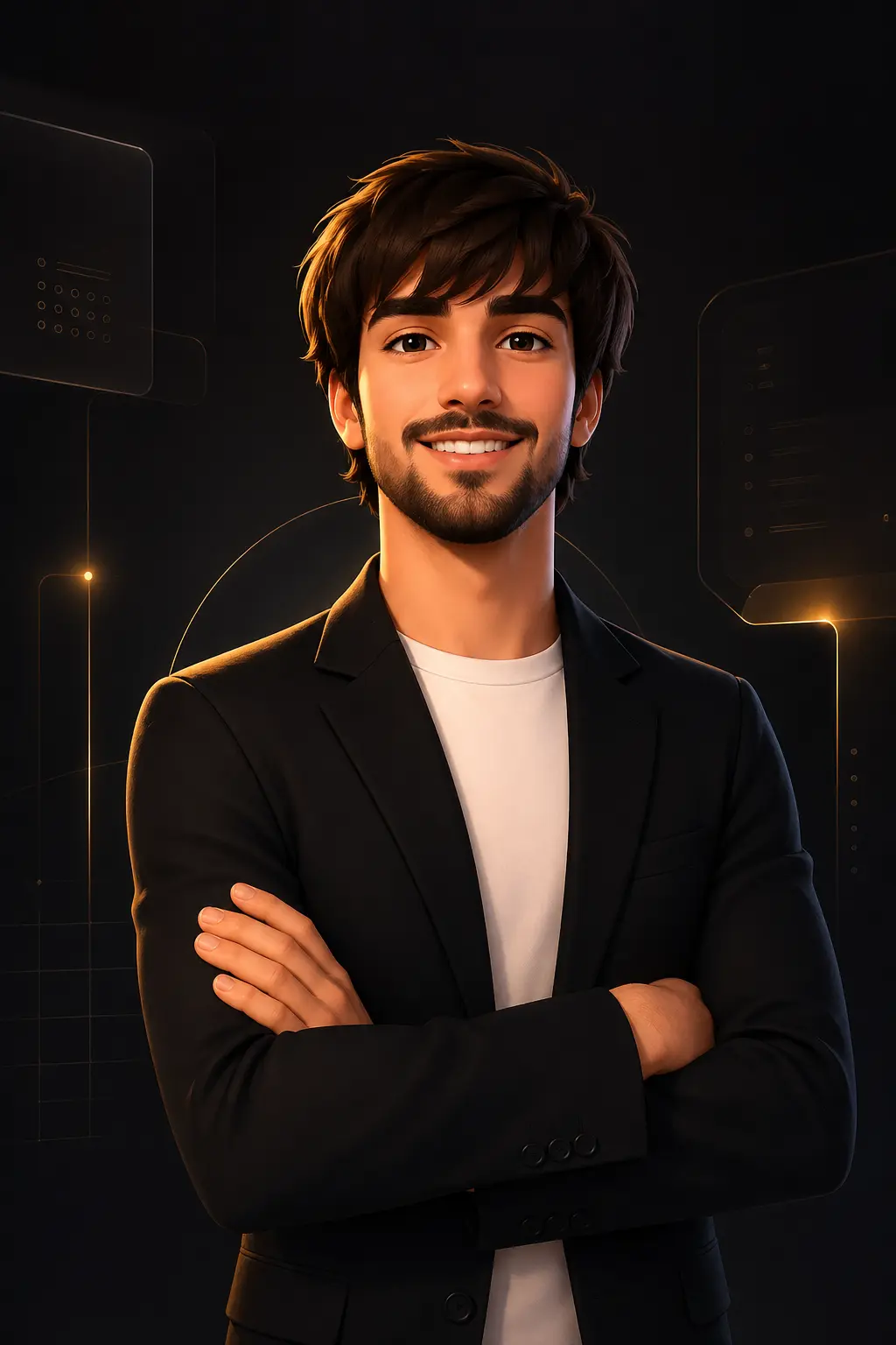Ritratto stilizzato di ManuDesign in una composizione dark-tech