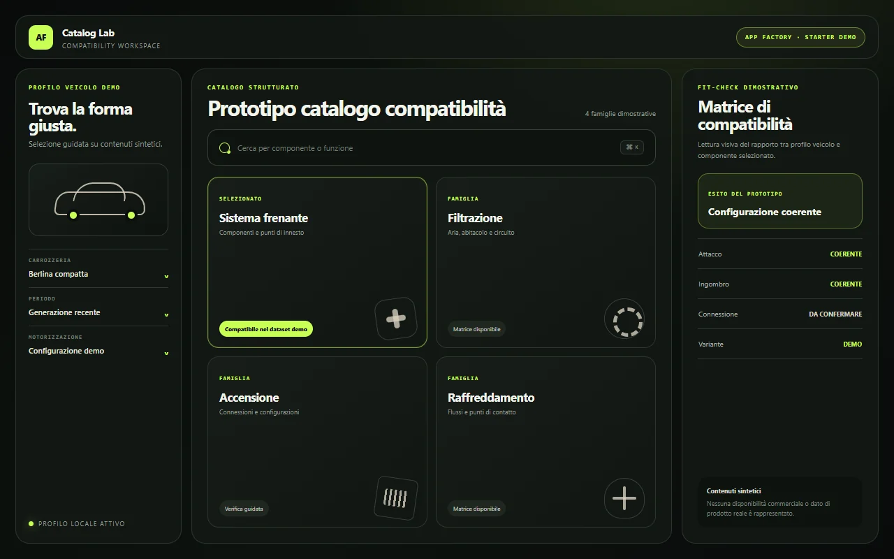 Starter demo Autoricambi con catalogo e compatibilità sintetici