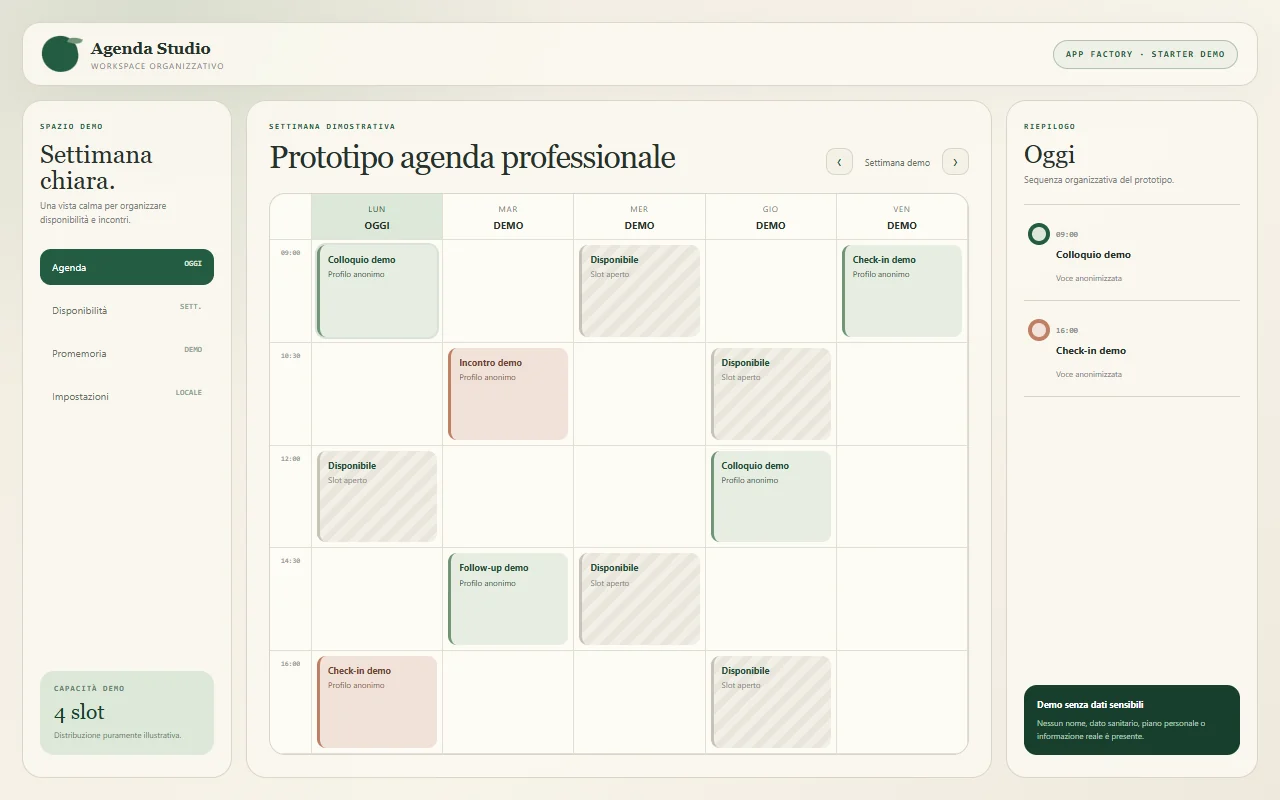 Starter demo per studio nutrizionale con agenda anonima