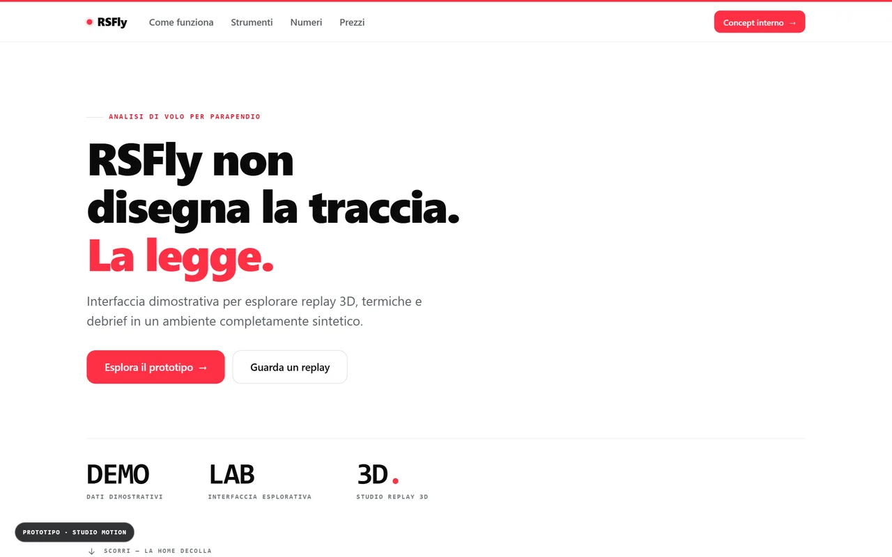 Prototipo della landing editoriale RSFly in nero bianco e rosso