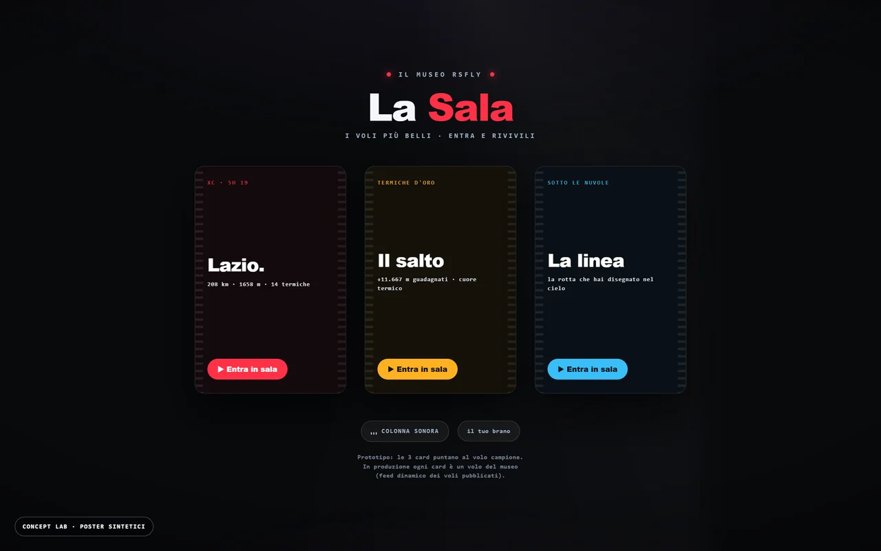 Interfaccia scura RSFly Museum con tre percorsi editoriali presentati come schede